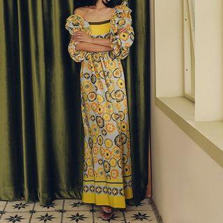 Floral Printed Long-sleeve Ruffled-trim Sundress