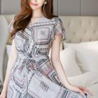 Short-sleeve Tie-waist Patterned A-line Dress