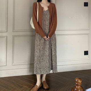 Floral Printed Spaghetti-strap Dress / Long-sleeve Plain Knit Cardigan