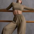 Set: Mock-neck Long-sleeve Crop Top + Plain Straight-leg Pants