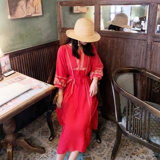 3/4-sleeve Pattern Printed Tie-waist Midi Dress