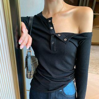 Long-sleeve One-shoulder Plain T-shirt