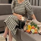 Puff-sleeve Houndstooth Midi Dress One Size