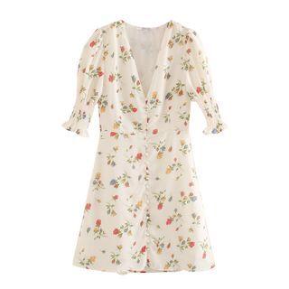 Puff-sleeve V-neck Floral Mini A-line Dress