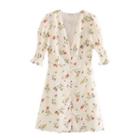 Puff-sleeve V-neck Floral Mini A-line Dress