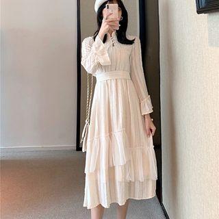 Frog-button Long-sleeve A-line Midi Layered Dress