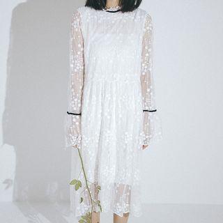 Long-sleeve A-line Midi Lace Dress White - One Size