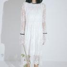 Long-sleeve A-line Midi Lace Dress White - One Size