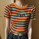 Striped Short-sleeve Knit Top Stripes - Rainbow - One Size