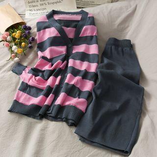 Set: Striped Long Knit Cardigan + Midi Skirt