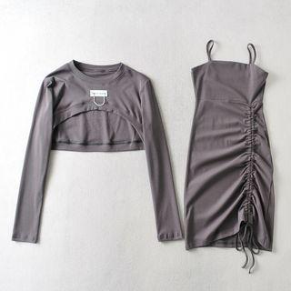 Set: Spaghetti Strap Drawstring Mini Bodycon Dress + Cropped T-shirt
