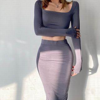 Set: Long-sleeve Square-neck T-shirt + Midi Pencil Skirt
