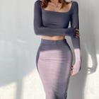 Set: Long-sleeve Square-neck T-shirt + Midi Pencil Skirt