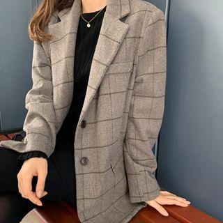 Single-breasted Wool Blend Checked Blazer Gray - One Size