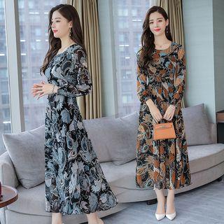 Flower Print Long-sleeve A-line Midi Chiffon Dress