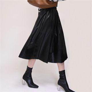 High-waist Faux Leather A-line Midi Skirt Black - One Size