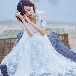 Short-sleeve Square Neck Midi Lace Dress