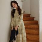 Button-back Pleated Long Plaid Dress