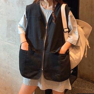 Crew-neck Elbow-sleeve T-shirt / Pocket Detail Vest