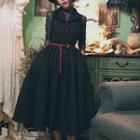 Sleeveless Contrast-button Midi A-line Shirtdress / Belt / Set