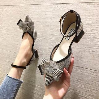 Plaid Bow Ankle Strap Block Heel Pumps