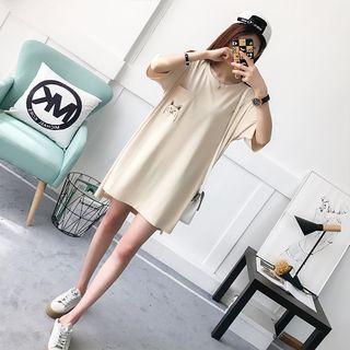 Cat Print Elbow-sleeve T-shirt Dress