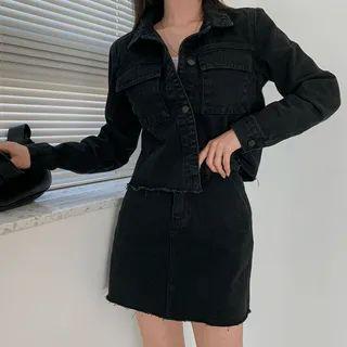 Dual-pocket Frayed Denim Jacket Black - One Size