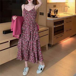 Spaghetti Strap Floral Tiered Dress Dress - Floral - Red - One Size
