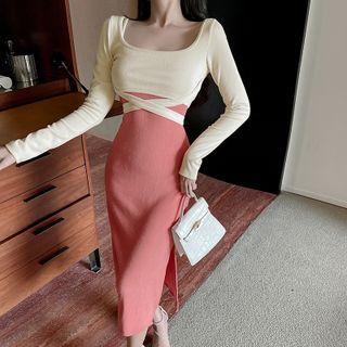 Long-sleeve Strappy Crop Top / Spaghetti Strap Midi Sheath Dress