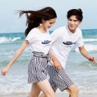 Couple Matching Set: Fish Print Short-sleeve T-shirt + Striped Shorts