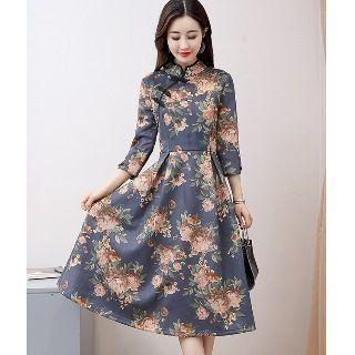 3/13 Sleeve Floral Asymmetric Midi Dress