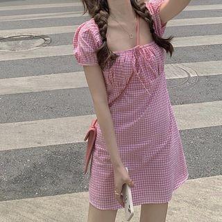 Puff-sleeve Plaid Mini A-line Dress Pink - One Size