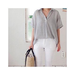 Open-placket Cuffed-sleeve Shirt