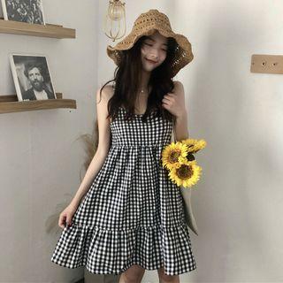 Spaghetti-strap Gingham Mini A-line Dress Gingham - Black & White - One Size
