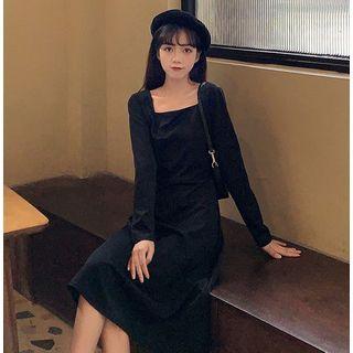 Square-neck Tie-back Long-sleeve Midi A-line Dress