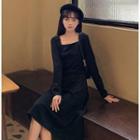 Square-neck Tie-back Long-sleeve Midi A-line Dress