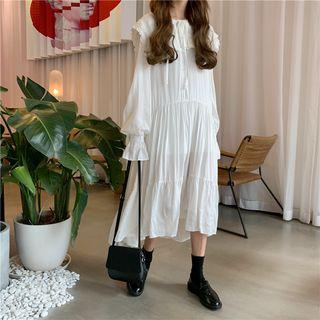 Layered Collar Long-sleeve Midi A-line Dress White - One Size