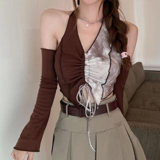Set: Halter Crop Tank Top + Arm Sleeves Light Beige & Brown - One Size