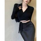 Lace Up Collared Wrap Cropped Sweater