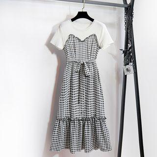 Mock Two-piece Short-sleeve Plaid Dress