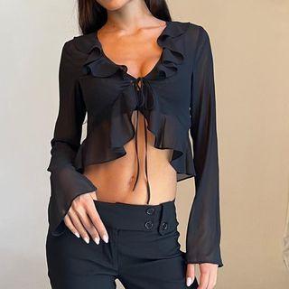 Long-sleeve Ruffled Tie-front Crop Top