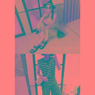 Set: Sleeveless Stripe Top + Band-waist Wide-leg Stripe Pants