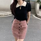 Short-sleeve Cutout Top / Plaid Mini Pencil Skirt