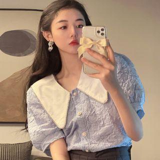 Puff-sleeve Shirred Blouse Blue - One Size