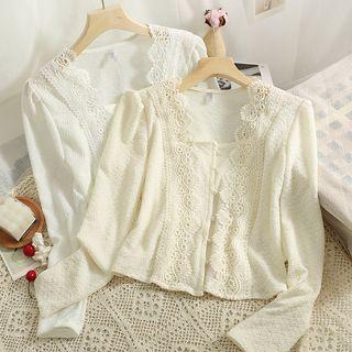 Lace-panel Puff-sleeve Crop Shirt