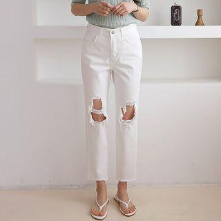 Distressed Straight-cut Pants Ivory - L