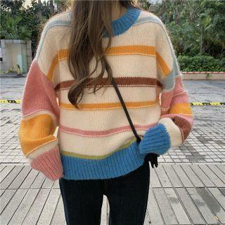 Color Block Striped Sweater Stripes - Yellow & Brown & Pink - One Size