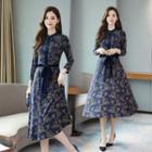 3/4-sleeve Floral Print Midi A-line Knit Dress
