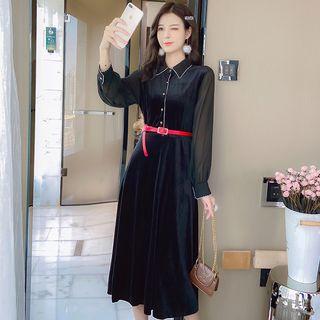 Mesh-sleeve Contrast Trim Velvet Midi Shirtdress