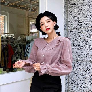 Ruffle-collar Bell-sleeve Gingham Blouse